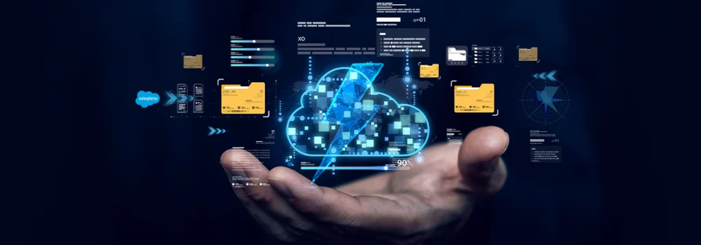 Hand holding a glowing digital cloud with data fragments and a lightning bolt, symbolizing cloud computing and data flow.